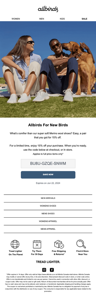 The welcome email has an image of models wearing the brand’s shoes and includes the discount code.