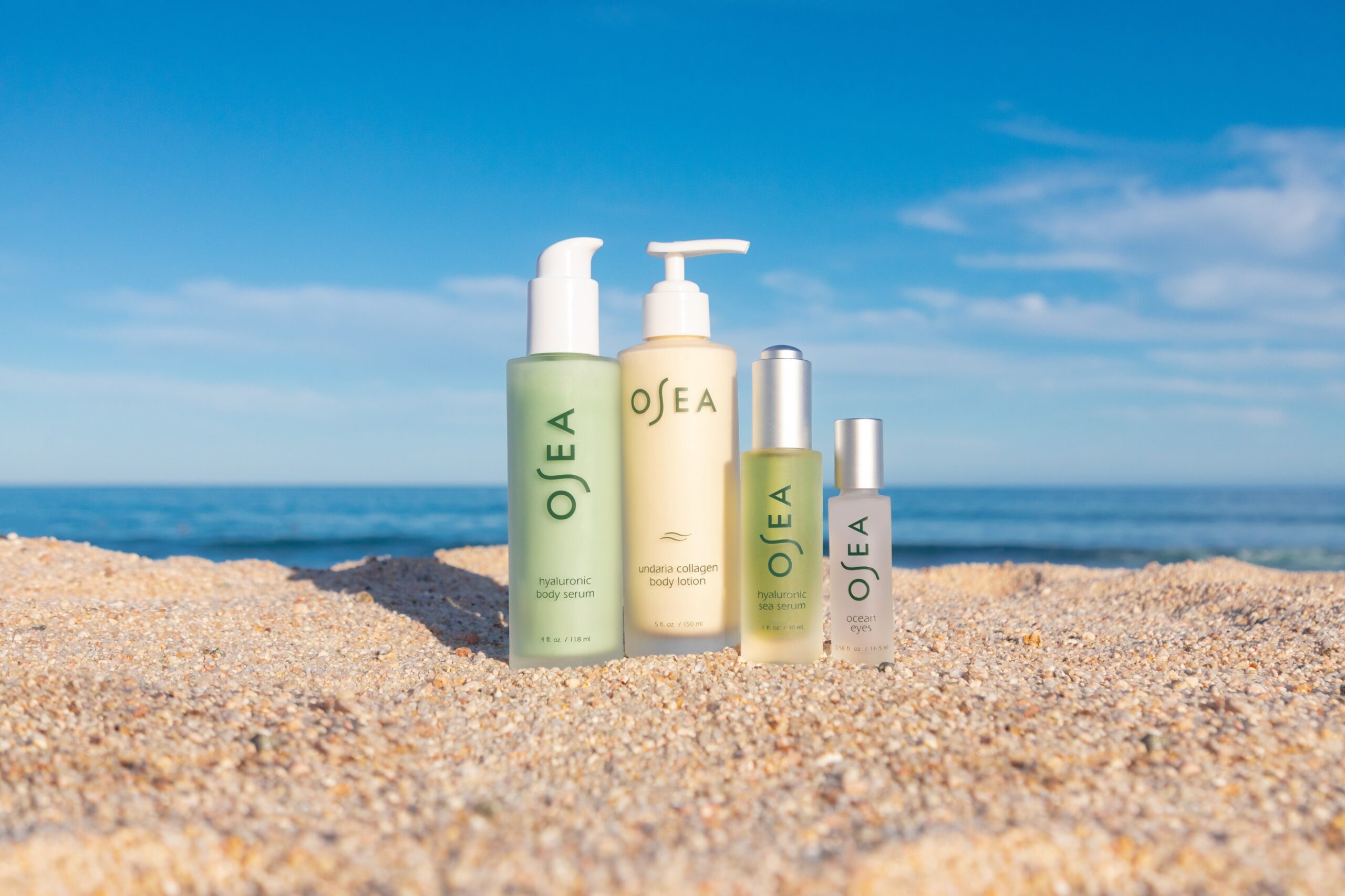 [From left to right] OSEA’s hyaluronic body serum, Undaria collagen body lotion, hyaluronic sea serum, and ocean eyes.