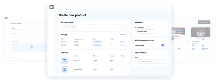 Screenshot of a web interface showing a form to create a new product with sections for product name, pricing, variants, visibility settings, affiliate commissions, and organization details.