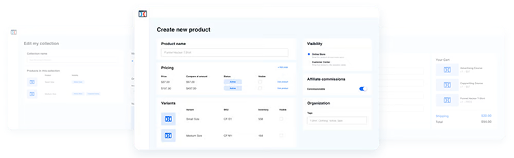 A web interface displaying forms for creating a new product, editing a collection, and reviewing a shopping cart. The forms include fields for product name, pricing, variants, visibility, and affiliate commissions.