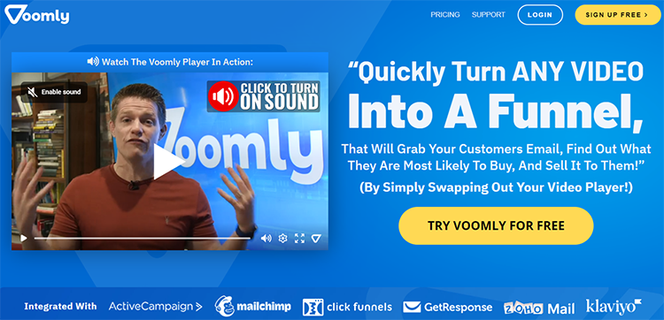 Screenshot of a Voomly advertisement featuring a video player with a man speaking, and promotional text encouraging users to turn videos into sales funnels by using Voomly's services.