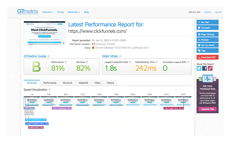 Screenshot of a GTmetrix performance report for a website. Performance score is 81%, Structure score is 91%, and Largest Contentful Paint is 1.8s. Total Blocking Time is 242ms.