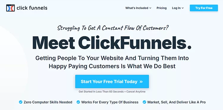 ClickFunnels homepage featuring a call-to-action for a free trial, highlighting benefits such as zero computer skills needed and effective marketing, selling, and delivery.