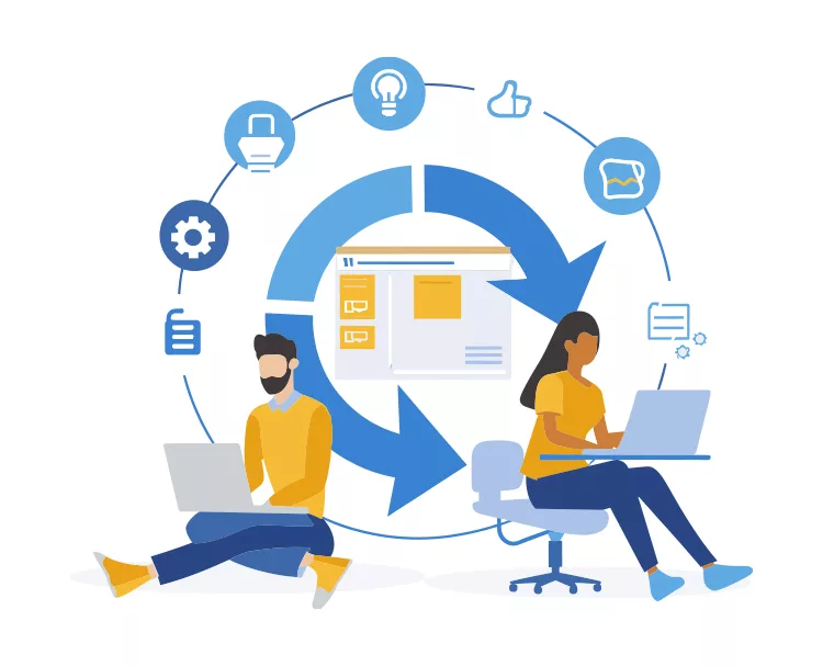 Illustration of two people working on laptops, with icons around them depicting software development concepts such as idea, settings, and cloud storage, all connected by a circular arrow.