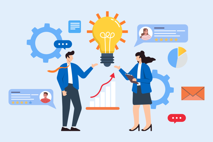 Illustration of two business professionals discussing growth, surrounded by gears, charts, social profiles, a lightbulb, an envelope, and chat bubbles, symbolizing teamwork and innovation.