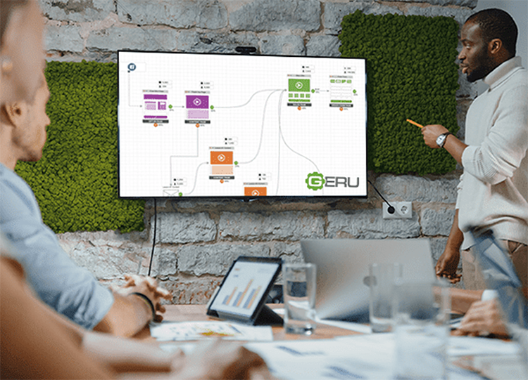 A man presents a flowchart on a wall-mounted screen to two seated individuals in a meeting room.