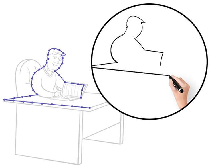 A partially drawn image of a person sitting at a desk with another hand-drawn silhouette being outlined in a circular inset.