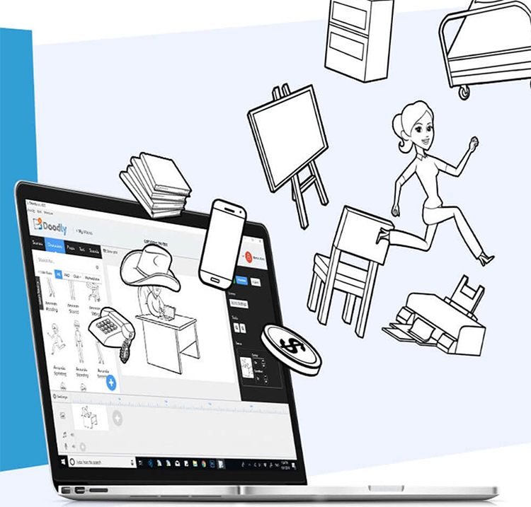 A laptop displaying graphic design software, surrounded by black-and-white illustrations of a person running, a chair, desk, phone, books, money symbol, easel, bed, and dresser.