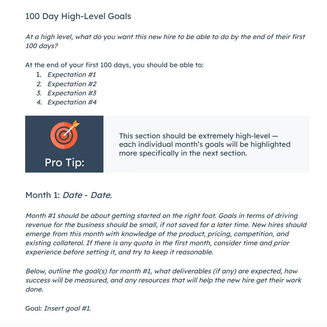 HubSpot’s free 30-60-90 Day Sales Onboarding Template