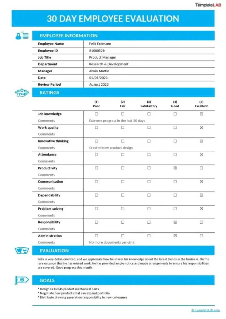 An example of 30-day employee evaluation form.