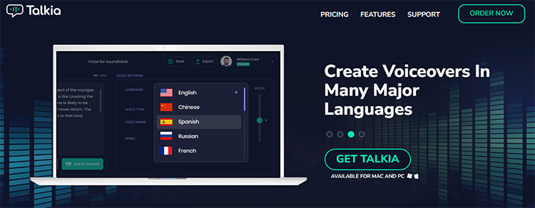 Screenshot of the Talkia website highlighting its feature to create voiceovers in multiple languages, with options including English, Chinese, Spanish, Russian, and French.