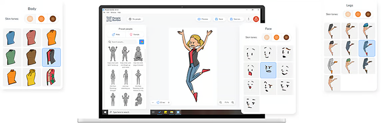A laptop screen displaying a character design interface with various customization panels for body, face, and legs. The central character is a person jumping with arms raised.