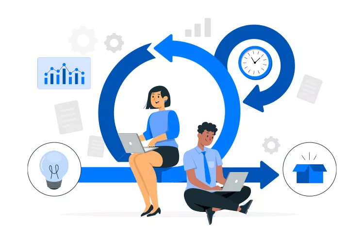 Two people working on laptops with icons representing agile project management, including a clock, graphs, light bulb, and box, surrounded by arrows symbolizing iterative processes.