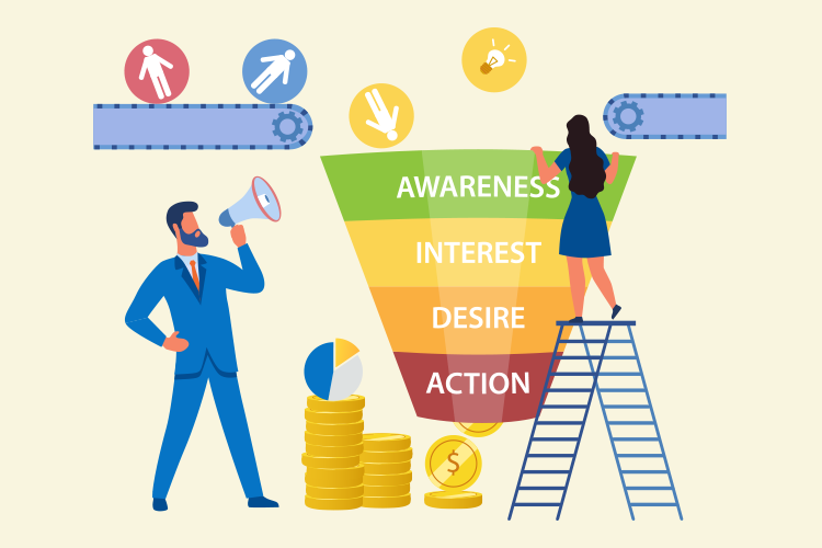 Illustration of a sales funnel labeled Awareness, Interest, Desire, Action. A man with a megaphone and a woman on a ladder are shown near the funnel with coins and charts, representing marketing concepts.