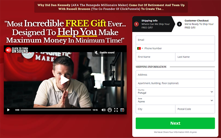 Screenshot of a webpage featuring a video, form for contact and shipping information, and a promotional banner for a free gift aimed at increasing income. The banner text highlights collaboration with well-known marketers.