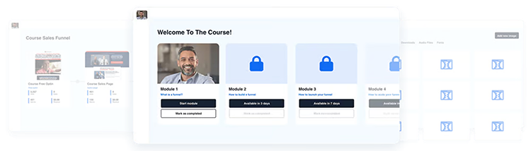 Screenshot of an online course dashboard showing a welcome message, a smiling instructor, and locked modules for a course.