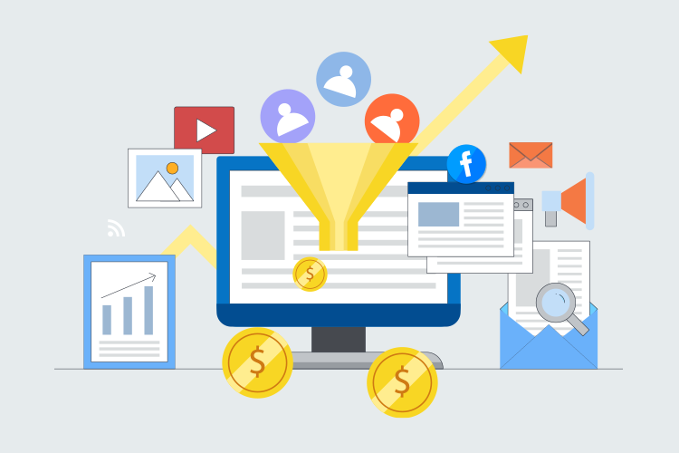 A computer screen displays various digital marketing icons including social media, emails, and analytics, with a funnel and dollar signs indicating conversion and revenue growth.