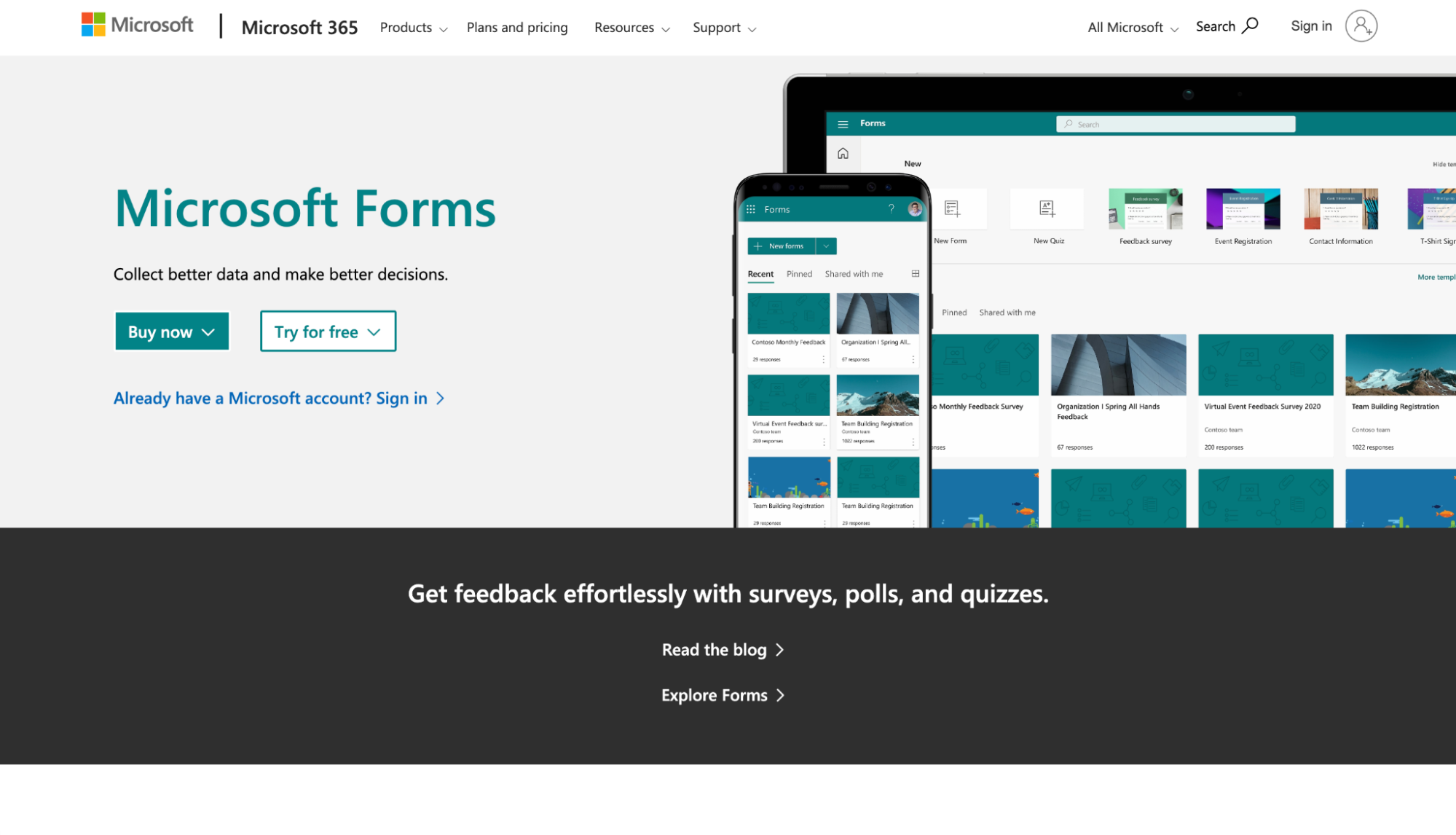 Screenshot of Microsoft Forms homepage with headline 