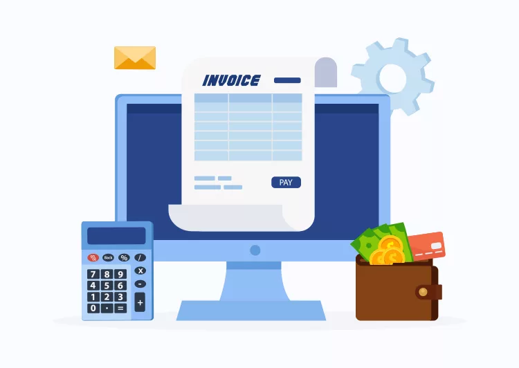 Illustration of a computer screen displaying an invoice, accompanied by a calculator, a wallet with cash and credit cards, an envelope, and a gear icon in the background.