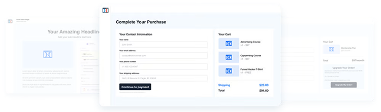 A screenshot of an online checkout page showing fields for contact information, cart details with items, shipping cost, and total payment, with buttons for continuing to payment and upgrading plan.