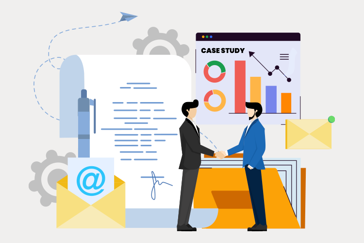 Two people shaking hands in front of business graphics, charts, and documents with envelopes and gears, symbolizing a business agreement.