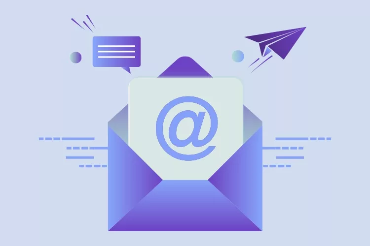 An illustration of an open envelope with an '@' symbol on the letter inside. A paper plane and a message icon are in the background.