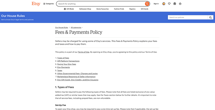 A screenshot of Etsy's Fees & Payments Policy page. It includes a table of contents detailing various sections like types of fees, transaction fees, and payment accounts.