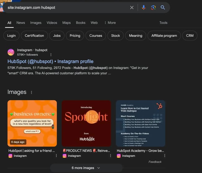 site search for Hubspot Instagram example