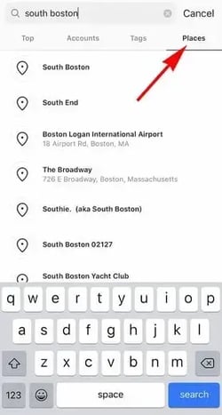 how to search for a specific place on Instagram