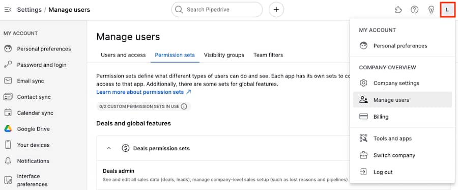 Sales onboarding Pipedrive manage user permissions