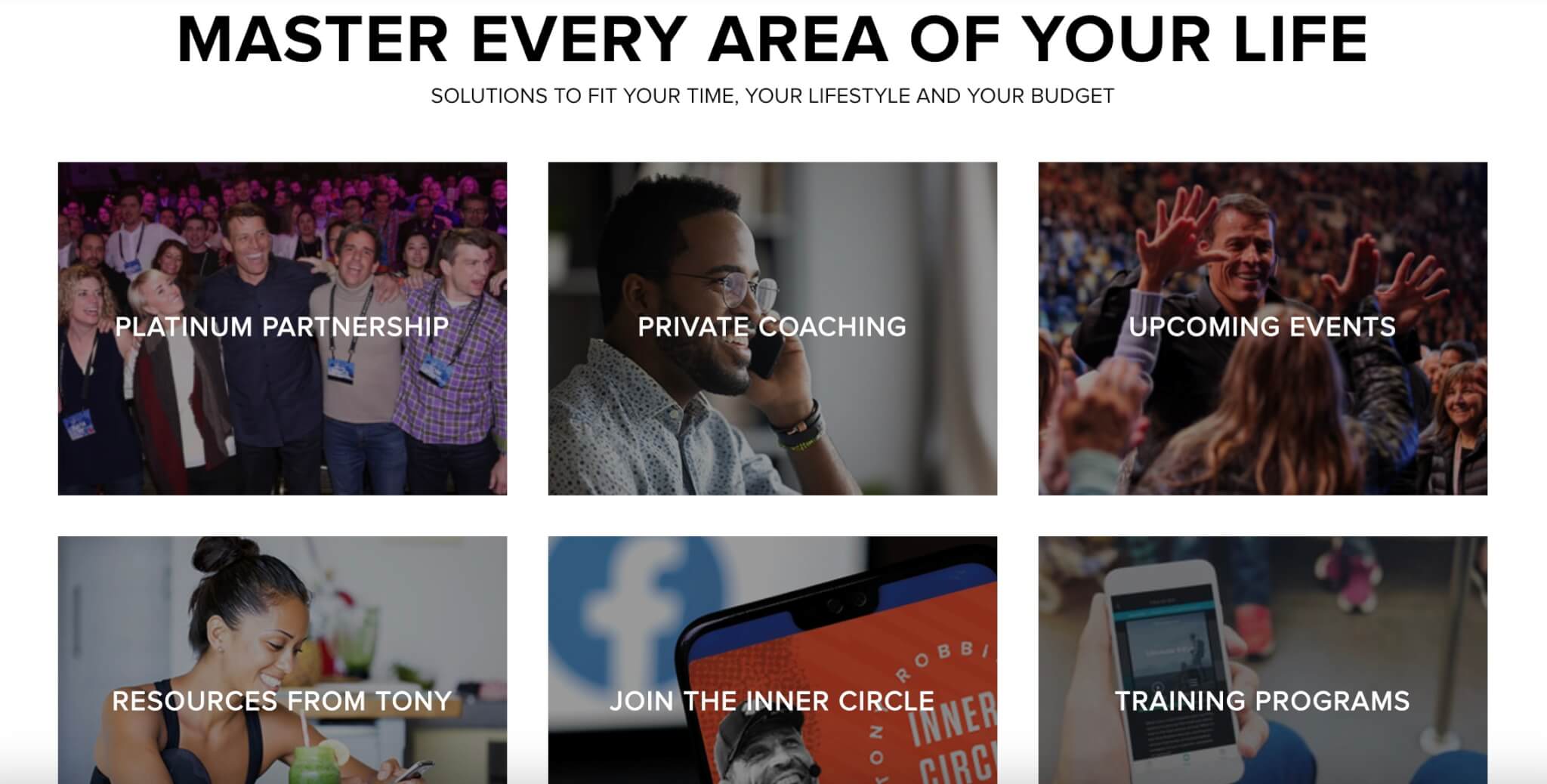 a screenshot of Tony Robbin's website showcasing different services