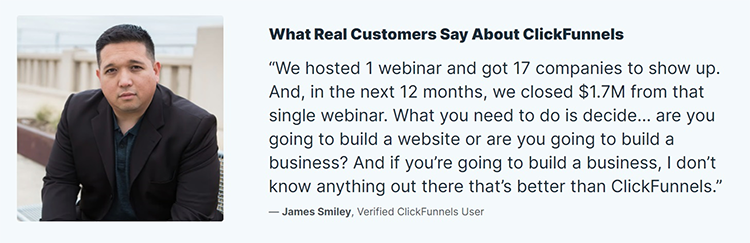 A person in a suit next to a testimonial about hosting webinars and generating revenue with ClickFunnels.