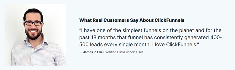 A man wearing glasses and a checkered shirt smiles. Next to him is a testimonial praising ClickFunnels for generating 400-500 leads monthly over 18 months.