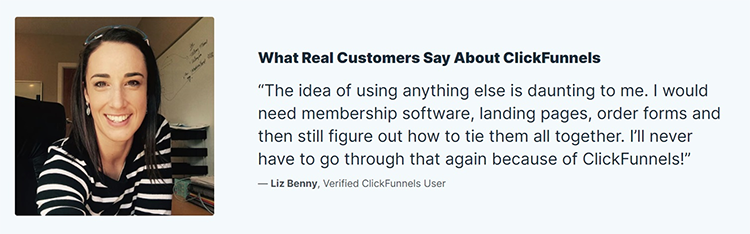 Portrait of a smiling woman next to a testimonial praising ClickFunnels for simplifying tasks like managing membership software and landing pages. The testimonial is attributed to a verified user.