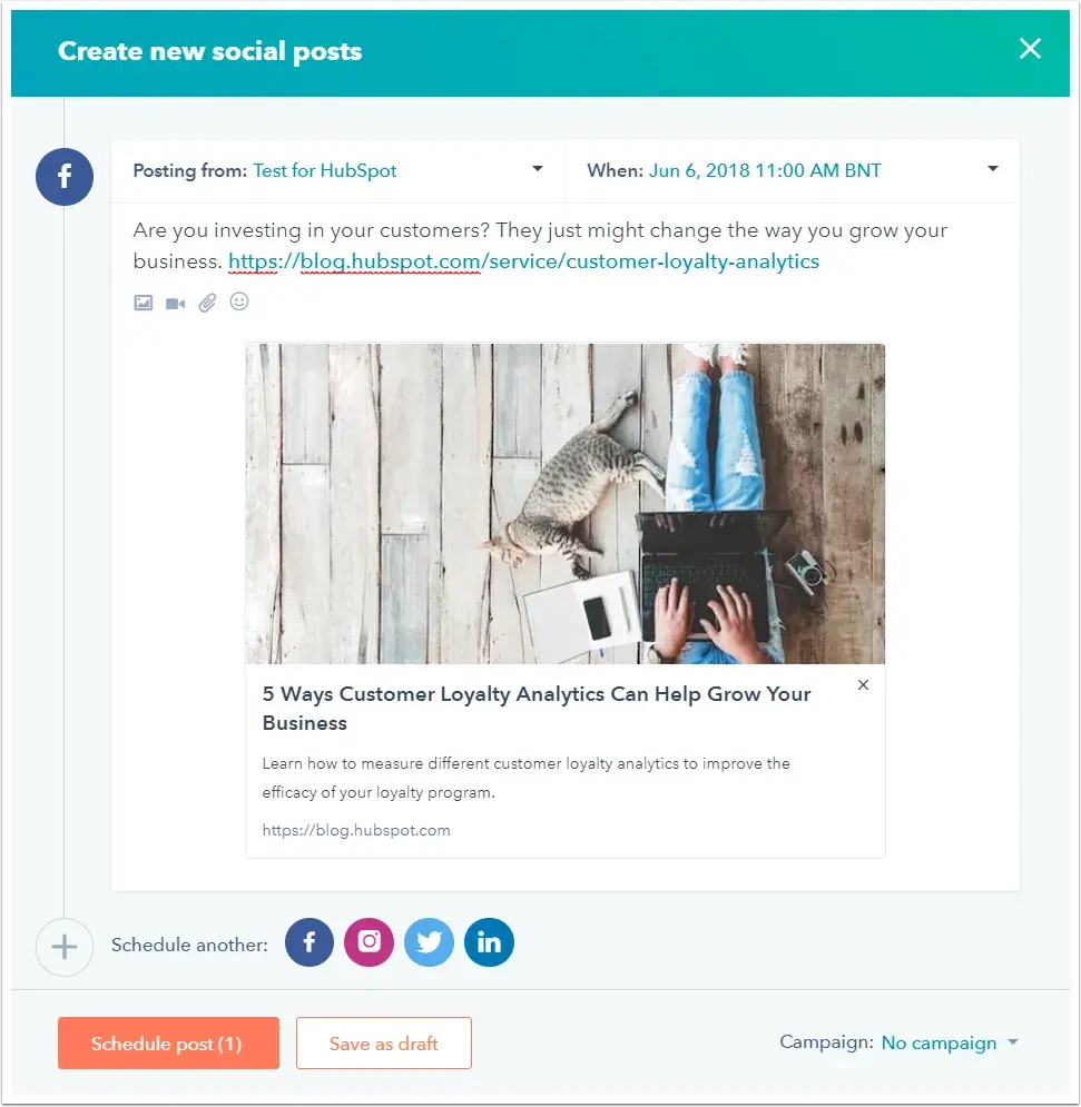 Screenshot of HubSpot’s social media publishing tool.