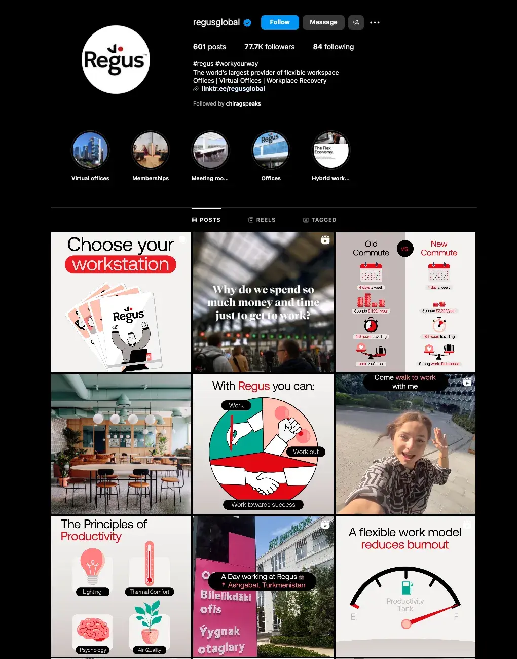 Screenshot showing Regus’ Instagram account and B2b social media marketing strategy