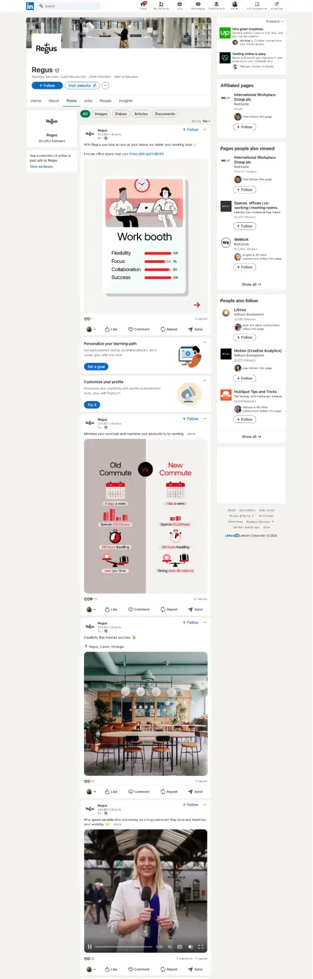 Screenshot showing Regus’ LinkedIn Company Page and B2b social media marketing strategy