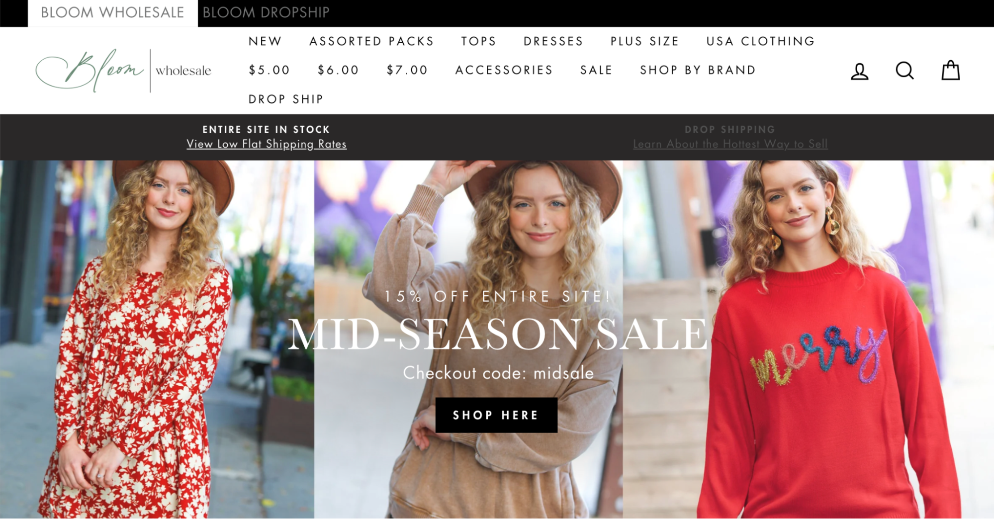 Bloom Wholesale showcasing a mid-season sale with models wearing floral and festive dresses.