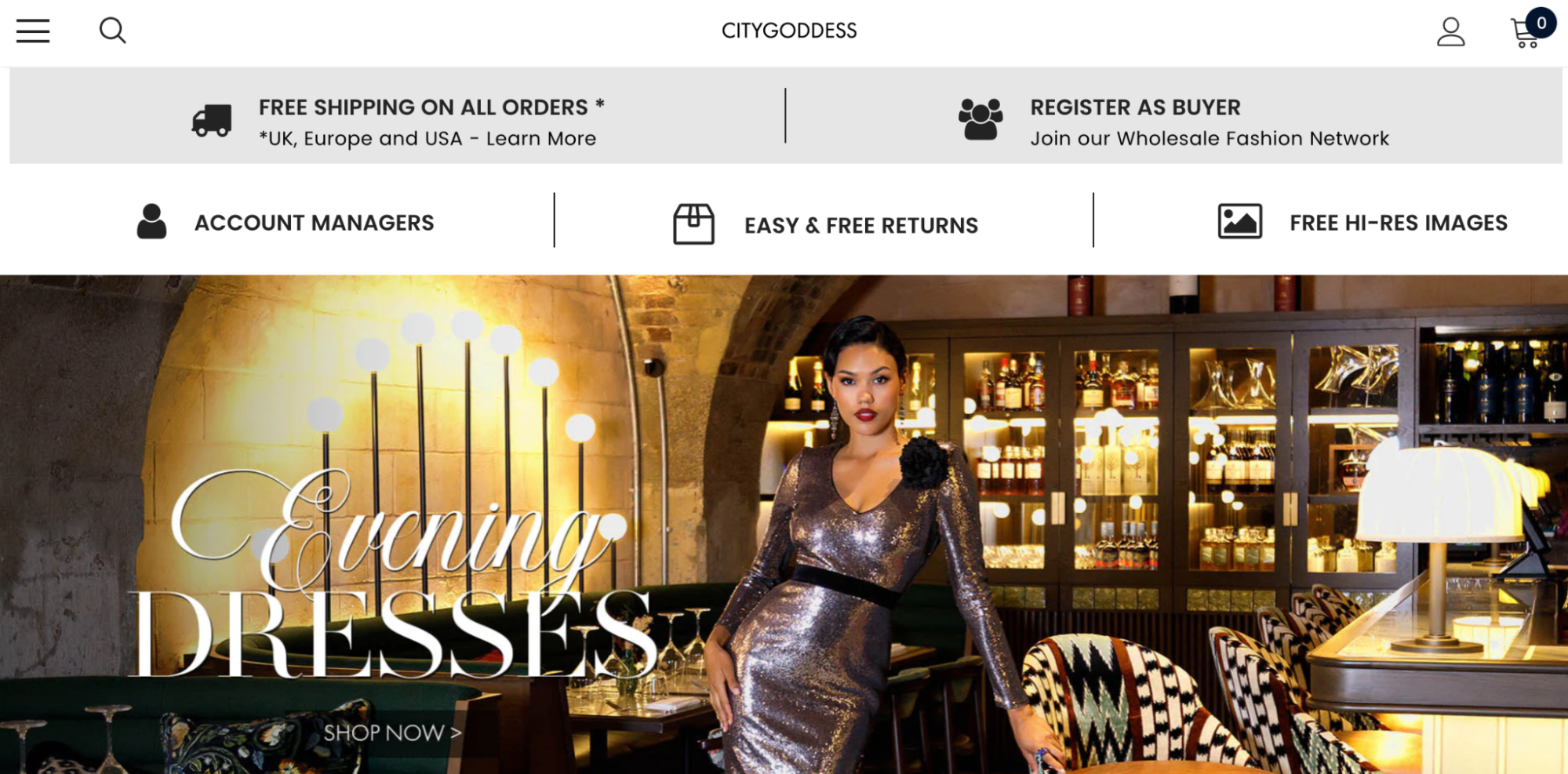 City Goddess homepage featuring a model in a glamorous evening dress at a stylish venue.