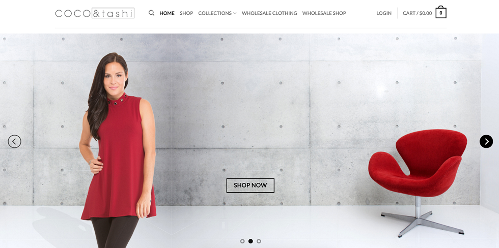 COCO & Tashi homepage showcasing a model in a red sleeveless top and a modern interior setting.