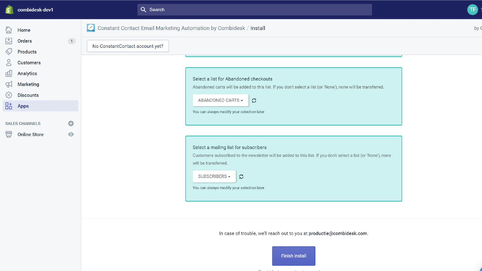 A Combidesk window includes dropdown menus to select different email audience segments.