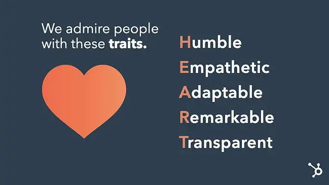 Slide from The HubSpot Culture Code, defining the HEART acronym.