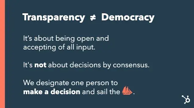 Slide from The HubSpot Culture Code, explaining the difference between transparency and democracy.