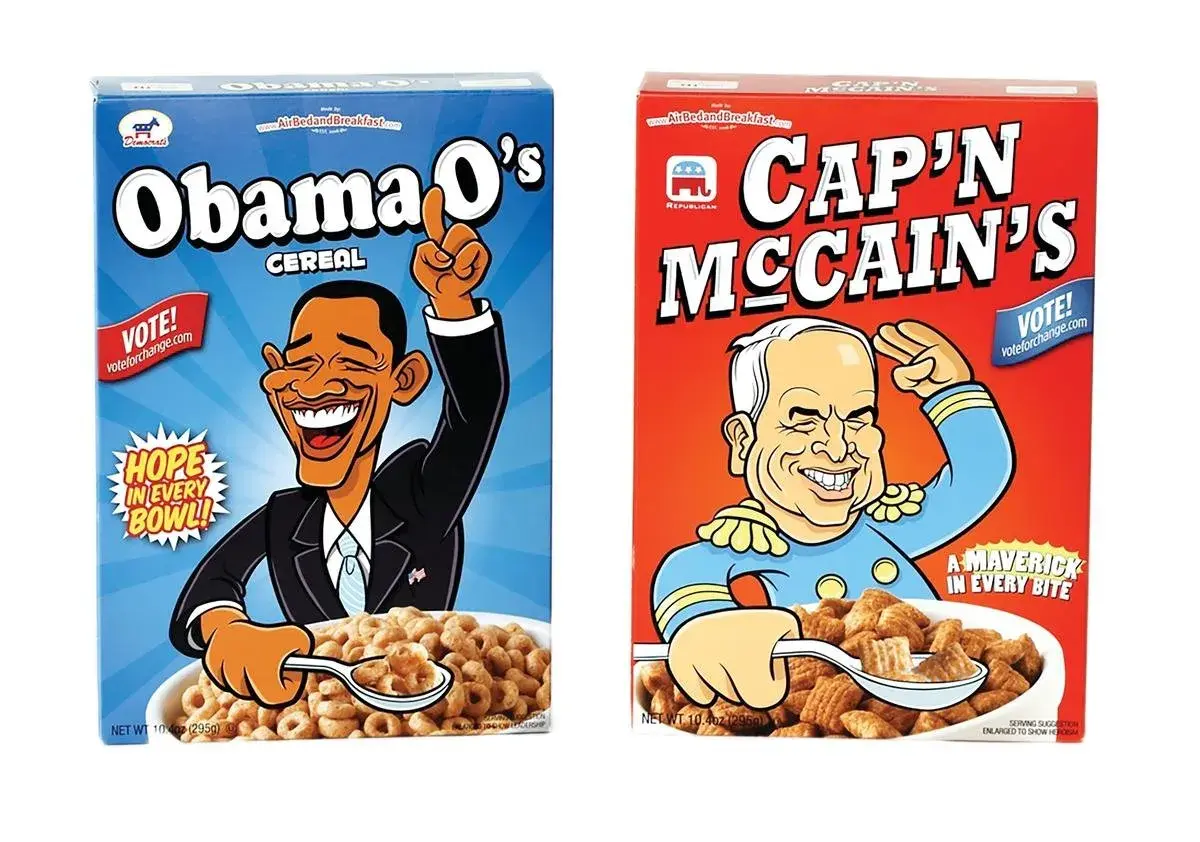 Obama and McCain cereal boxes designed by Airbnb co-founders around the 2008 presidential election.