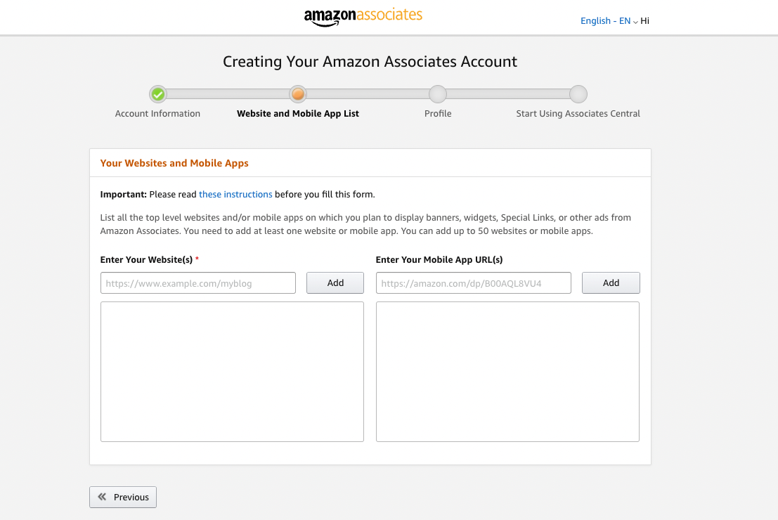 A screenshot of the Amazon Associates account page