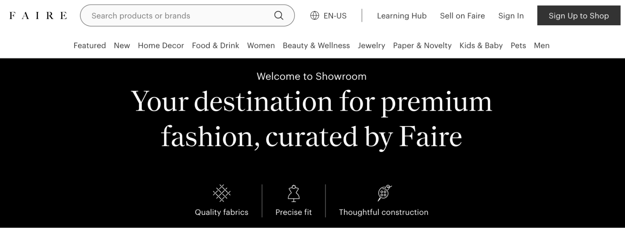 Faire homepage promoting premium, curated fashion with a minimalist black and white design