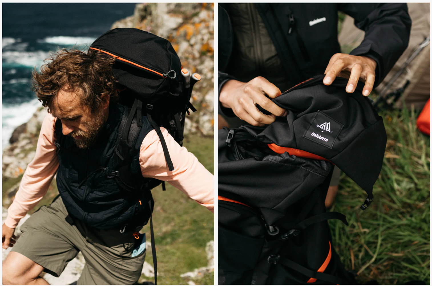 Two images of a man wearing a backpack, showcasing different angles and settings.