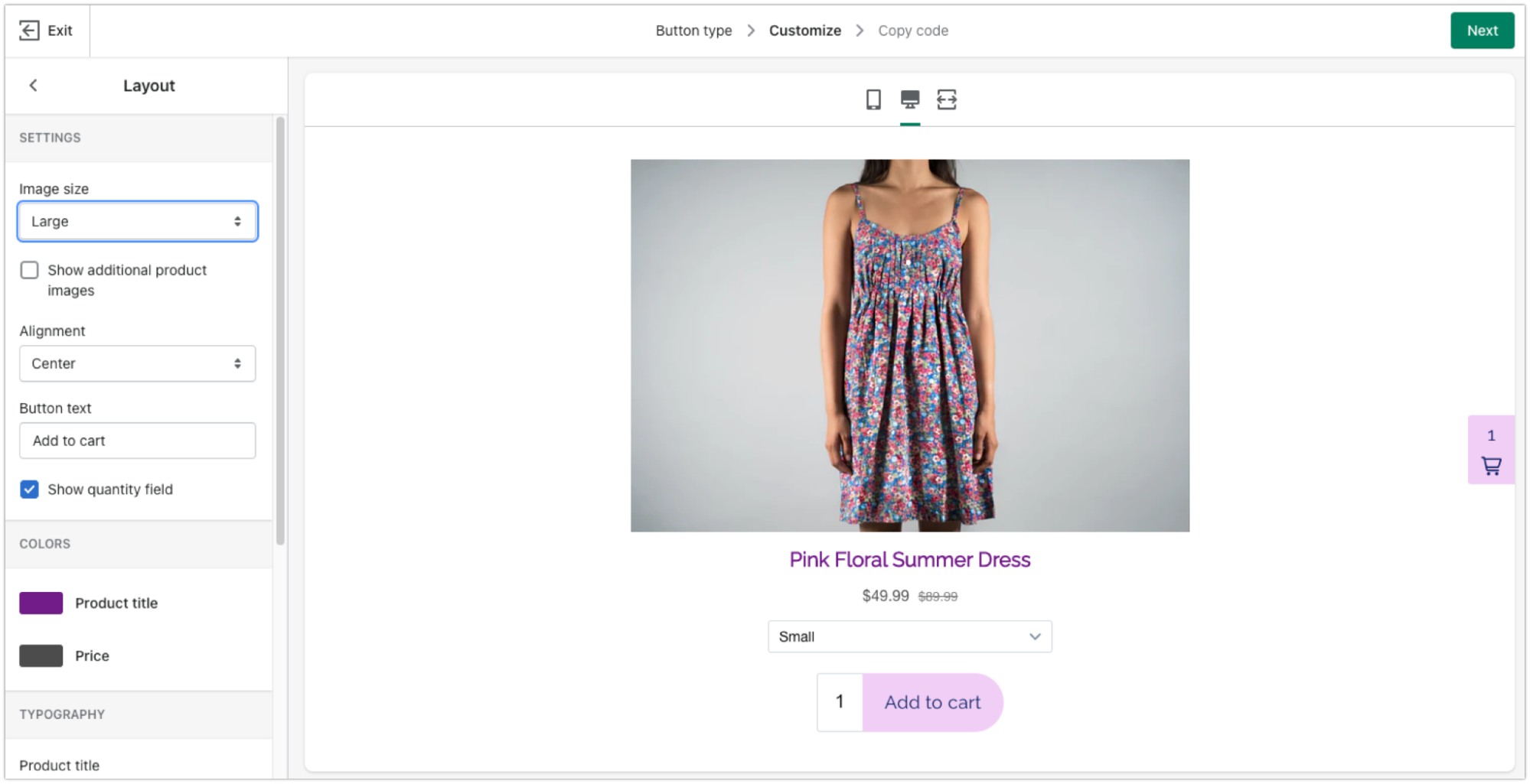 Shopify Buy Button customization screen showing customized Buy Button design