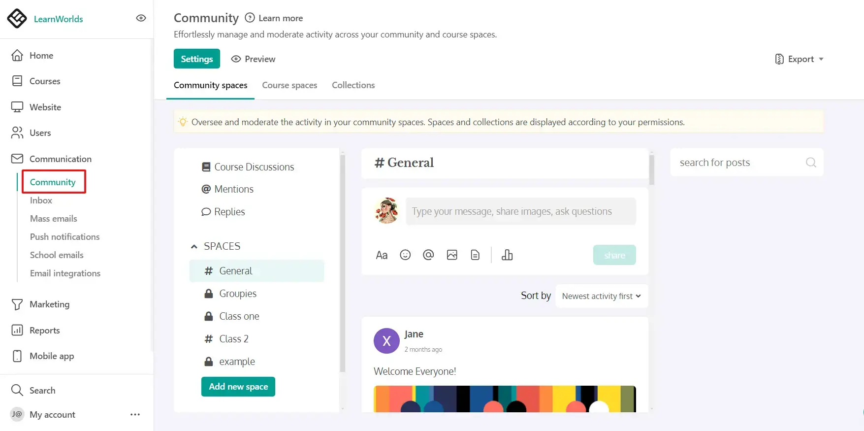 A screenshot showing LearnWorlds' community dashboard.