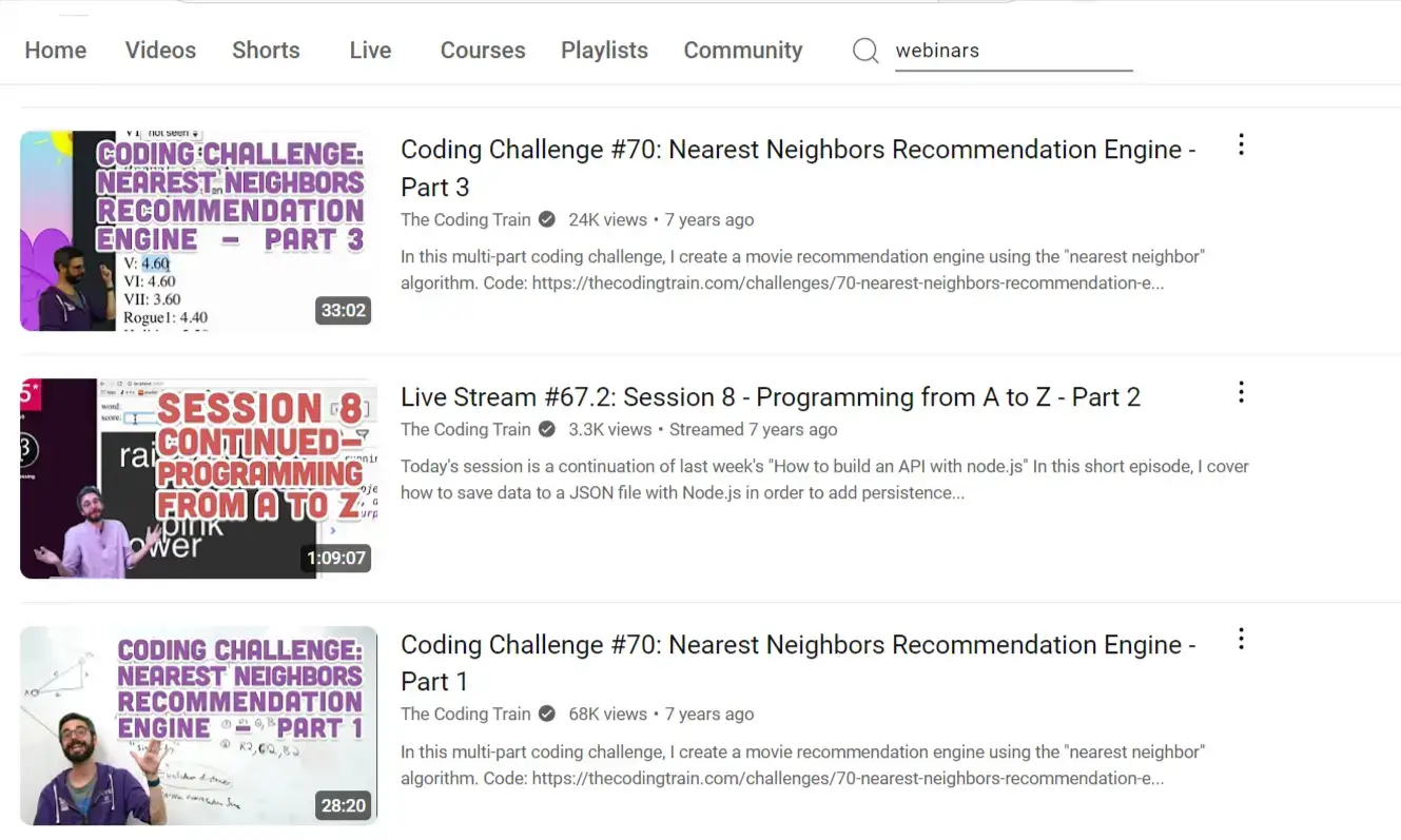 A screenshot showing live stream examples on YouTube.